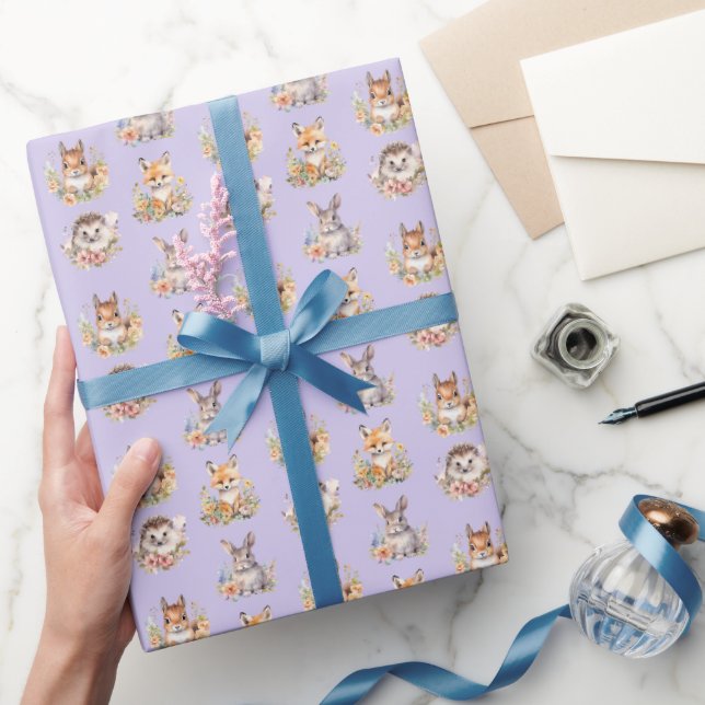 Papel De Presente Animais da Floresta em Púrpura Leve (Presentear)