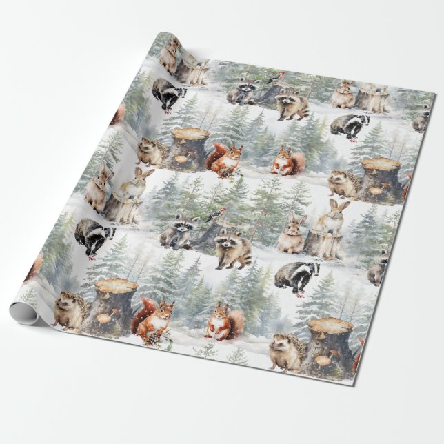 Papel De Presente Animais da Floresta Florestal de inverno (Desenrolado)