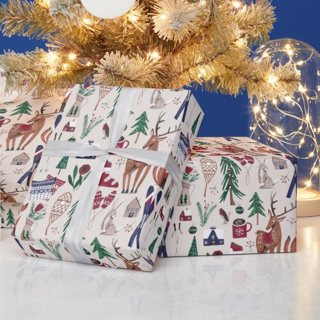 Papel De Presente Animais da floresta padrão de natal de esqui nórdi (Feriados)