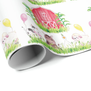 Papel De Presente Animais de Aniversário da Fazenda de Aquarela