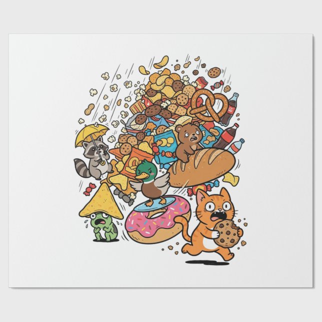 Papel De Presente Animais de desenho animado com lanches caindo isol (Aberto)
