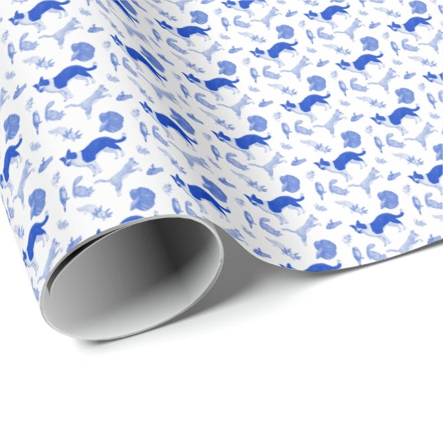 Papel De Presente Animais de Estimação em Desfile (Azul)  (Ponta do rolo)