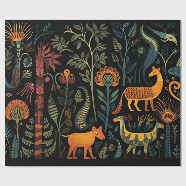 Papel De Presente Animais de fantasia misteriosos em preto (Aberto)