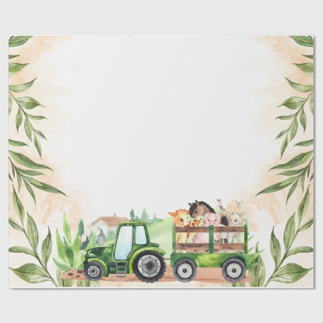 Papel De Presente Animais de Fazenda à Aguarela Trator (Aberto)