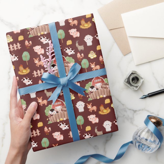 Papel De Presente Animais de fazenda em castanho (Presentear)