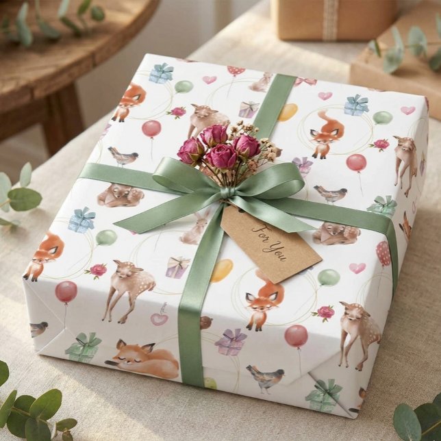 Papel De Presente Animais de Festa Floresta em Aquarela Fofos (Criador carregado)
