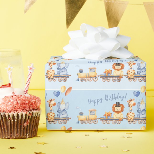 Papel De Presente Animais de festa no trem Criança Selva Feliz Anive (Festa de aniversário)
