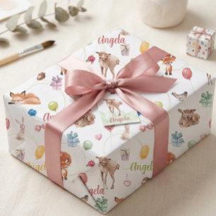 Papel De Presente Animais de Festa Personalizados de Aquarela Flores