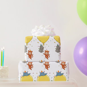 Papel De Presente Animais de Festa Segurando um Balão