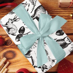 Papel De Presente Animais de Floresta Negra e Branca Modernos Desenh