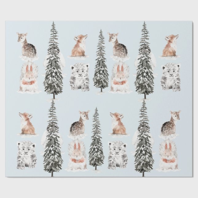 Papel De Presente Animais de Inverno Azul Gélido Chá de Bebê (Aberto)