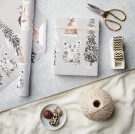 Papel De Presente Animais de Inverno Cinza Chá de Bebê