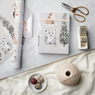 Papel De Presente Animais de Inverno Cinza Chá de Bebê