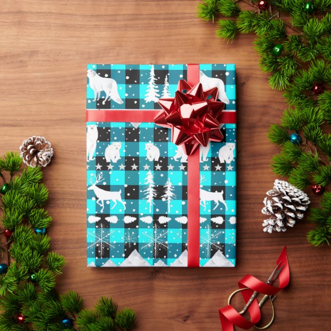 Papel De Presente Animais de inverno da Xadrez Nórdica de Aqua Buffa (Presente de Natal)