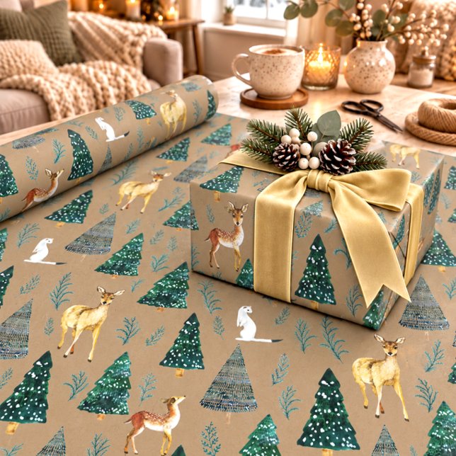 Papel De Presente Animais de Inverno Kraft Rústico Árvores de Abeto  (Criador carregado)