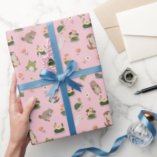 Papel De Presente Animais de Lagoa & Folhas de Nenúfar em Rosa Claro