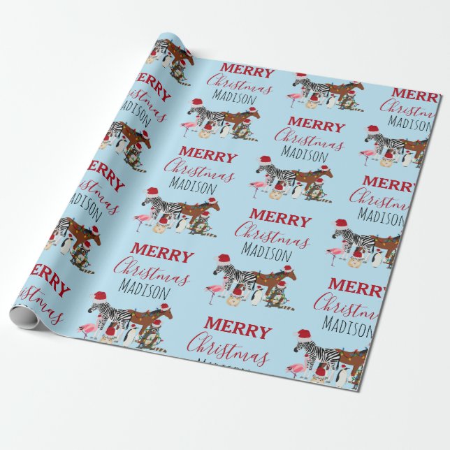 Papel De Presente Animais de Natal Engraçados e Personalizados Luzes (Desenrolado)