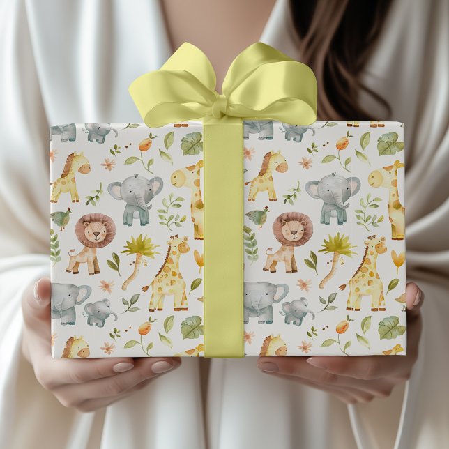Papel De Presente Animais de Safari em Aquarela Chá de Bebê (Criador carregado)