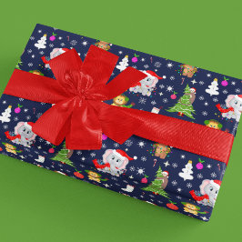 Papel De Presente Animais de Zoológico de Natal em Azul Marinho