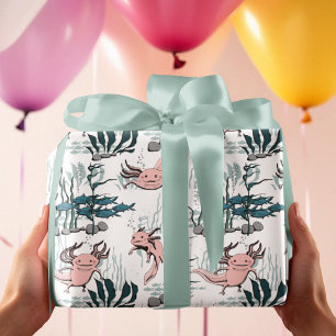 Papel De Presente Animais do Axolotl, cor-de-rosa e amarelos subaquá