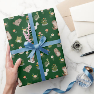 Papel De Presente Animais do Lago & Folhas de Nenúfar em Verde Escur
