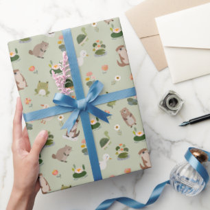 Papel De Presente Animais do Lago & Folhas de Nenúfar em Verde Gin