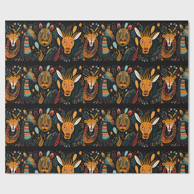 Papel De Presente Animais estilizados em fundo negro (Aberto)