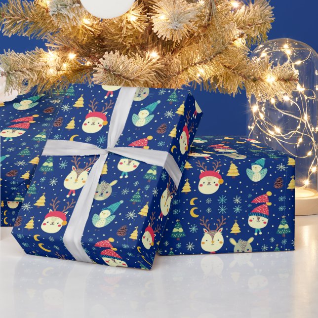 Papel De Presente Animais Fofos Árvores de Natal Azul Natal (Feriados)