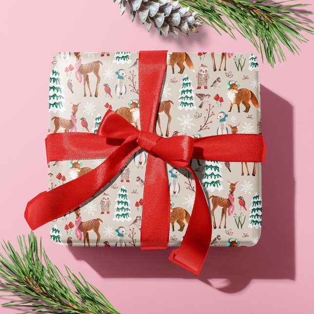 Papel De Presente Animais Fofos da Floresta Natal Feriado (Cute Woodland Animals Christmas Holiday Wrapping Paper)