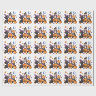 Papel De Presente Animais Fofos de Halloween - Bruxa Gato Preto Coru