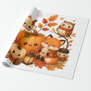 Papel De Presente Animais Fofos de Outono Kawaii Abóbora Raposa Coru