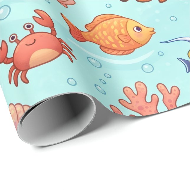 Papel De Presente Animais Fofos do Oceano Padrão Sem Costura (Ponta do rolo)