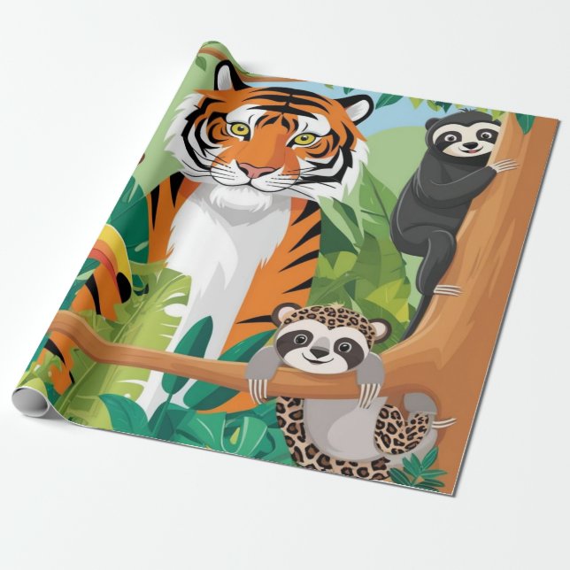 Papel De Presente Animais Fofos Infantil Selva Tigre Macaco Decoupag (Desenrolado)