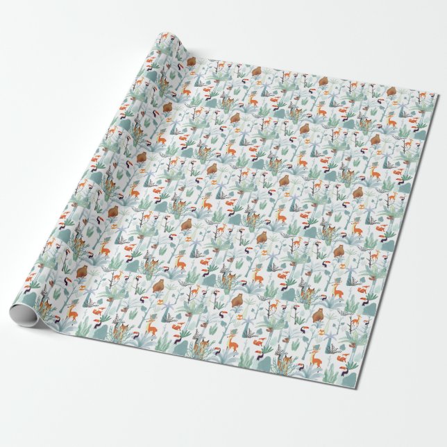 Papel De Presente Animais lindos: rabisco da floresta tropical. (Desenrolado)