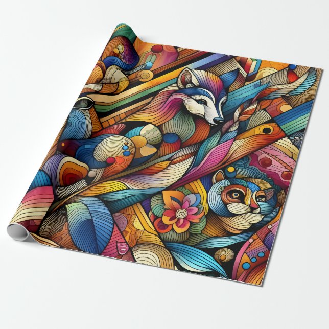 Papel De Presente Animais Representam Geometricamente Arte Moderna (Desenrolado)
