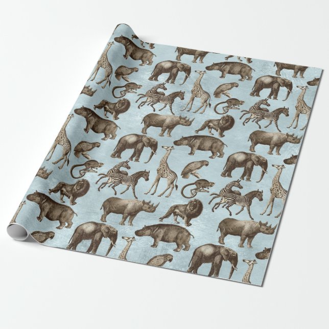 Papel De Presente Animais Safari em Azul Claro (Desenrolado)