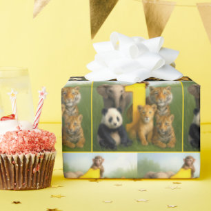 Papel De Presente Animais Selvagens Bebês Com um Número Um