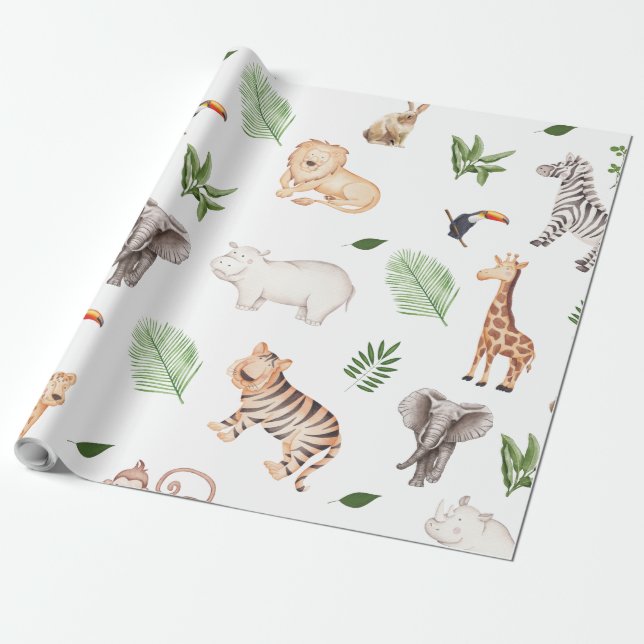 Papel De Presente Animais selvagens com padrão de árvore na selva (Desenrolado)