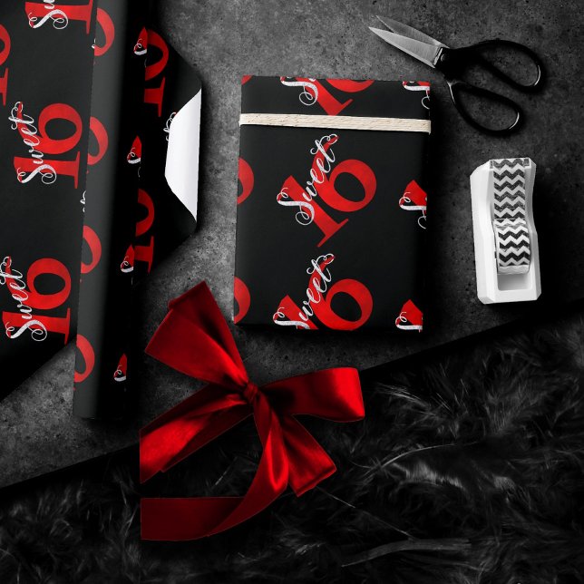 Papel De Presente Aniversário 16 anos | Clássico Vermelho e Negro Gr (Criador carregado)