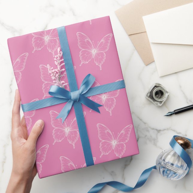 Papel De Presente Aniversário Borboletas Rosa Brancas (Presentear)