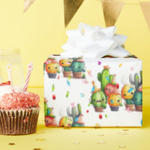 Papel De Presente Aniversário Cactos Com O Partido Confetti