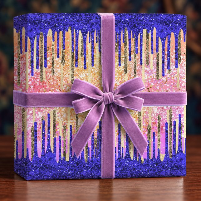 Papel De Presente Aniversário com Brilho Dourado Azul Real Chic (Criador carregado)