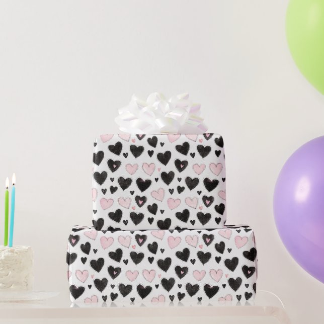 Papel De Presente Aniversário Corações Pretos Rosa (Presentes para festas)