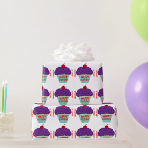 Papel De Presente Aniversário Cupcake de Cobertura Roxa Nome Idade