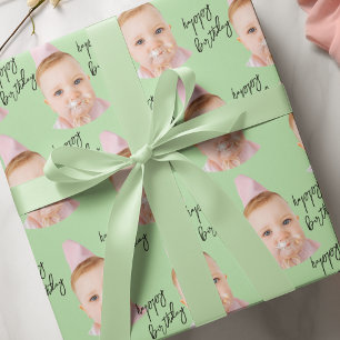 Papel De Presente Aniversário da Cara de Bebê Verde   Foto personali