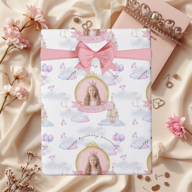 Papel De Presente Aniversário da Foto da Menina Rosa-Rosa Fairytale (Happy Birthday Princess Custom Personalized Wrapping Paper with Photo)