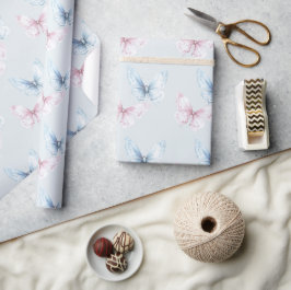 Papel De Presente Aniversário das Borboletas Azuis Bonitas e Rosas