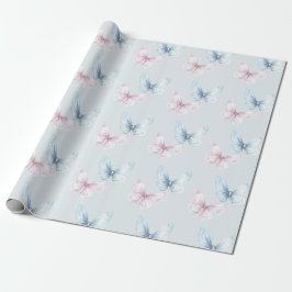 Papel De Presente Aniversário das Borboletas Azuis Bonitas e Rosas