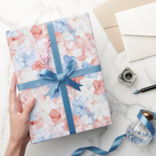 Papel De Presente Aniversário das Flores Azuis Vermelhas
