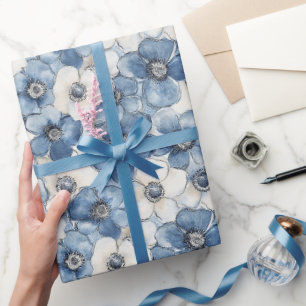 Papel De Presente Aniversário das Flores de Denim Branco Azul